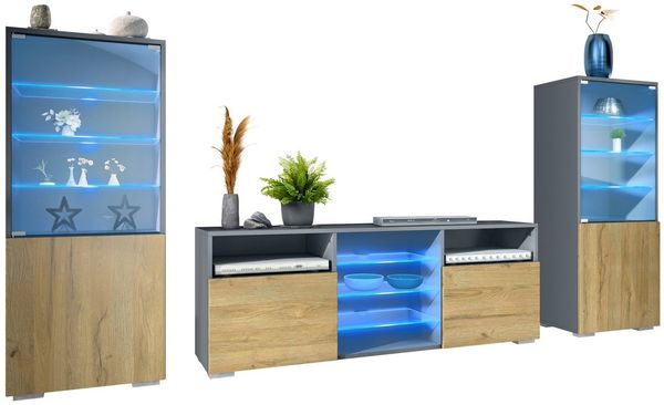 Vladon Wohnwand Granada, (Anbauwand, bestehend aus 2 Vitrinen, 1 TV-Board und LED-Beleuchtung), Anthrazit matt/Eiche Natur (286 x 122,5 x 35 cm)