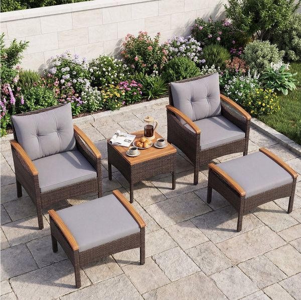 COSTWAY Balkonset Rattan, (5tlg), Akazienholzplatte, mit Kissen, bis 180kg