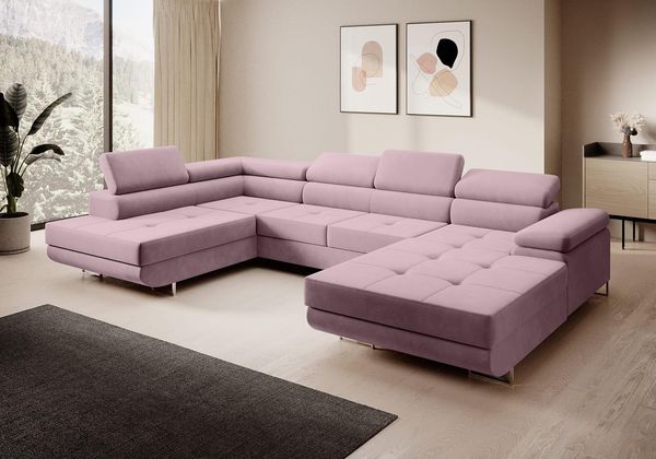 Sofa FERRO, moderne Couch mit verstellbaren Kopfstützen, ausziehbare Polstercouch, Sofa mit Schlaffunktion, zwei Bettkästen, U- Form - Kronos 27, 72 x 201 x 335 cm
