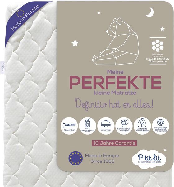 P'tit Lit - Perfekte Babymatratze - 60x120 cm - 2 Seiten: Ultra atmungsaktiv im Sommer/warm und gemütlich im Winter - Anti-Milbe - Abnehmbar - OekoTex®