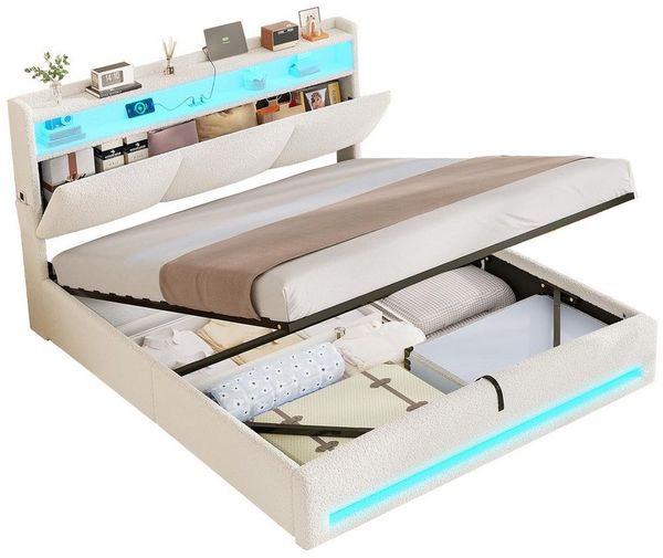 MSMASK Polsterbett mit Steckdosen und LED-Beleuchtung, Doppelbett mit Stauraum Kopfteil (1-tlg, Ohne Matratze), Hydraulik-Stauraumbett, Jugendbett 140x190cm