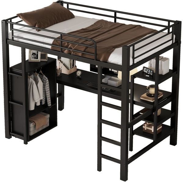 SeedWave Hochbett Merzweck Metall Hochbett mit Kleiderschrank, Schreibtisch, 90x200cm 3 Regale, vertikale Leiter mit 5 Stufen