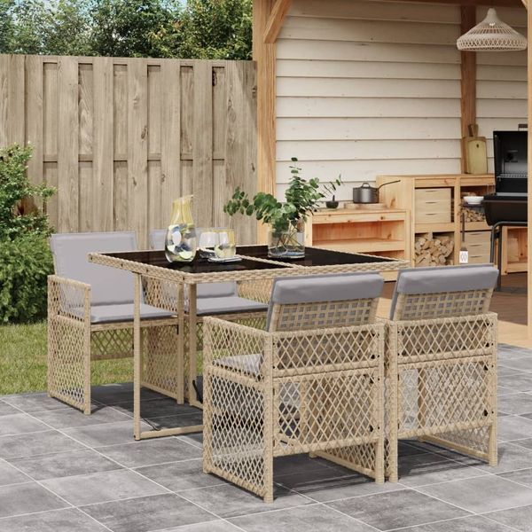 vidaXL 5-tlg. Garten-Essgruppe mit Kissen Beige Poly Rattan 3210720