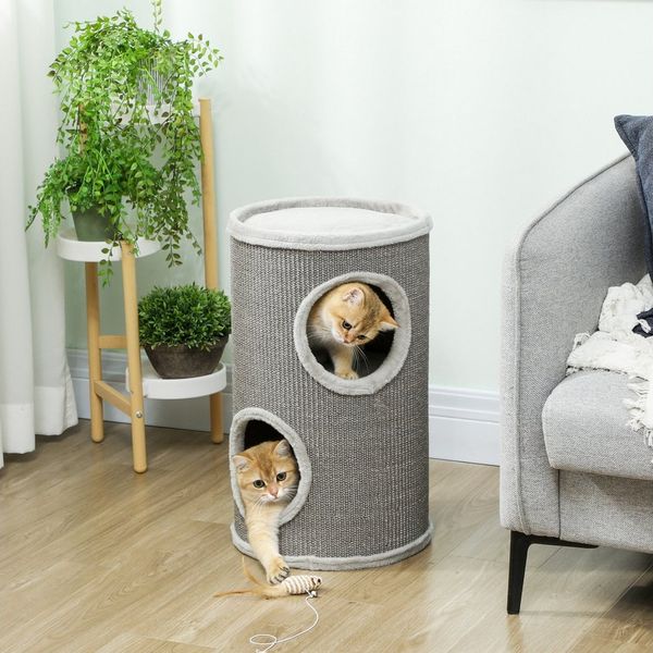 PawHut Kratztonne mit 2 Höhle, Plüschrand, (zweistöckige Katzentonne, 1-tlg, Katzenkratztonne), für 1-2 Katzen bis 5 kg, Hellgrau