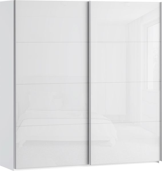 Forte SOPHISTISPACE Kleiderschrank 200, moderner Schwebetürenschrank, 2-türig, Einlegeböden, Kleiderstangen, Holzwerkstoff, Weiß/Weiß Glanz, 200,1 cm breit x 210,5 cm hoch x 62,9 cm tief