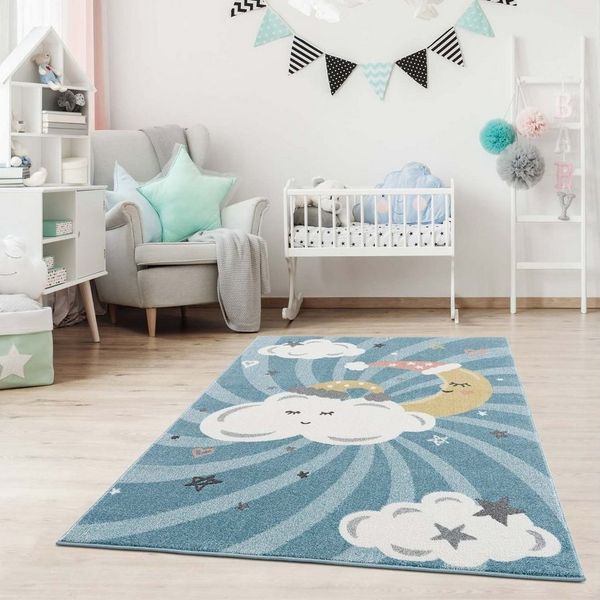 carpet city Kinderteppich Kinderzimmer Blau - 120x160 cm - Mond Wolken Sterne - Kinderzimmerteppiche Mädchen Jungen - Babyzimmer-Teppich - Spielteppich