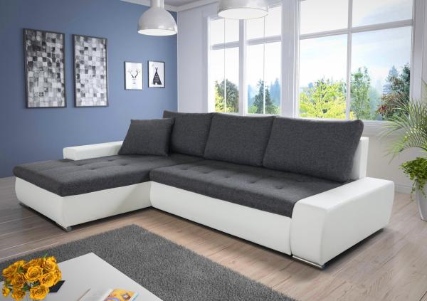 Ecksofa mit Schlaffunktion Faris - Couch mit Bettkasten, Big Sofa, Sofagarnitur, Couchgarniitur, Polsterecke (Weiß + Dunkelgrau (Madryt 120 + Inari 94), Ecksofa Links)