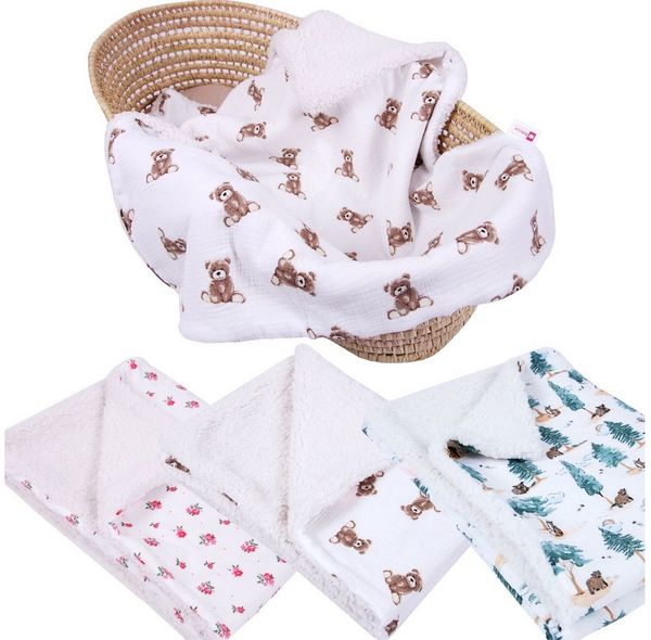 BabyLux Kinderbettdecke Musselin & Teddy Kuscheldecke 100x75 cm – Zweiseitig für Kinderwagen, TD6 - Bärchen