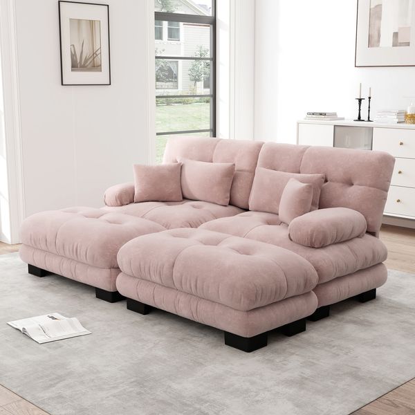 Ecksofa modular aus Chenille, Rosa, inkl. Ottomans – Cloud-Sitzkomfort, Vintage-Optik,H 81 x T 220 x B 145 cm
