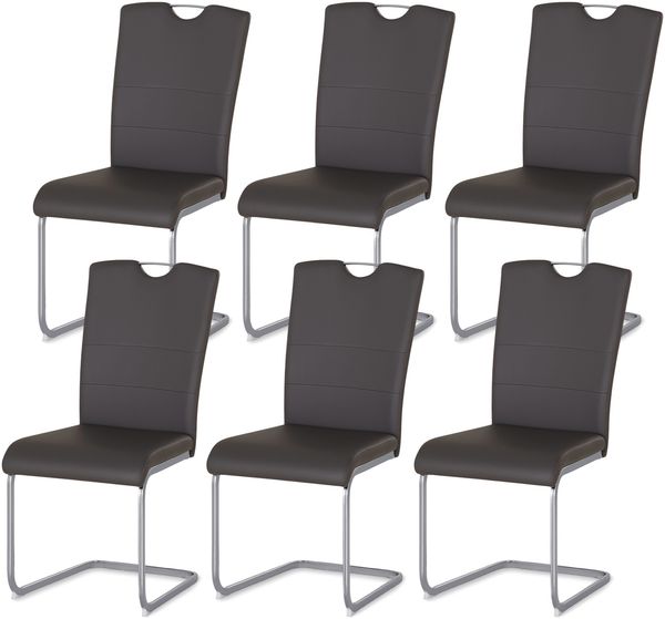 KHG Esszimmerstühle 6er Set, Schwingstuhl Kunstleder Dunkelgrau, Freischwinger Metall verchromt, Küchenstuhl, Essstuhl, Polsterstuhl, für Esszimmer Küche Büro