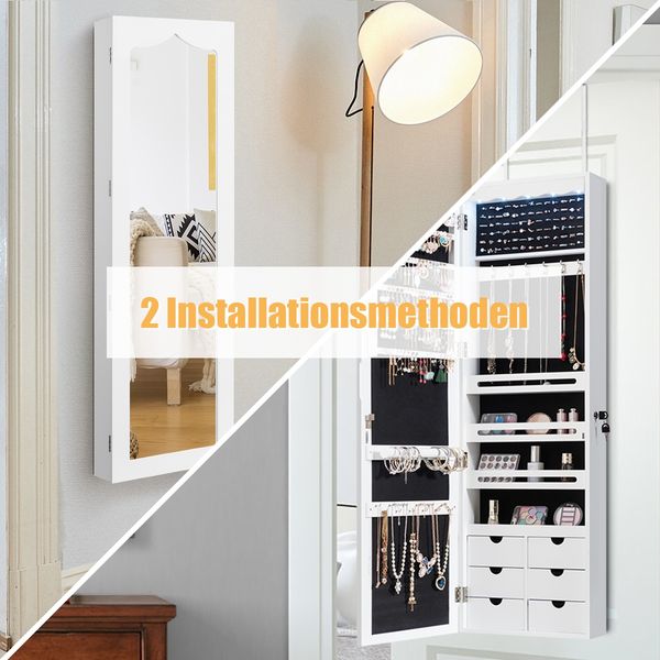 Schmuckschrank mit LED Abschließbarer Wand-/Türschmuckschrank mit Spiegel & 6 Schubläden Weiß