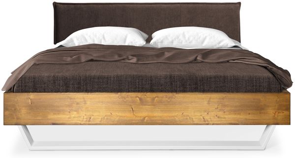 Möbel-Eins CURBY Kufenbett mit Polster-Kopfteil, Material Massivholz, rustikale Altholzoptik, Fichte, Kufen Weiß vintage 120x220 cm Stoff Braun