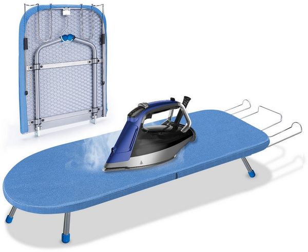 XERSEK Tischbügelbrett Stahl Klappbares Bügelbrett mit Eisenständer 83x31cm Bügeltisch Blau, Bügelbezug aus Edelstahlhalter Feuerfester Stoff Für Zuhause & Reisen