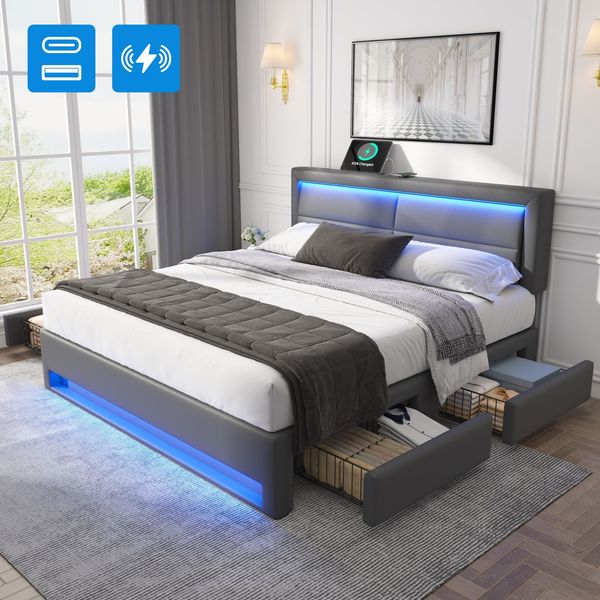 Polsterbett 140x190cm, USB, kabellos, LED, 4 Schubladen, PU-Litschi, Grau