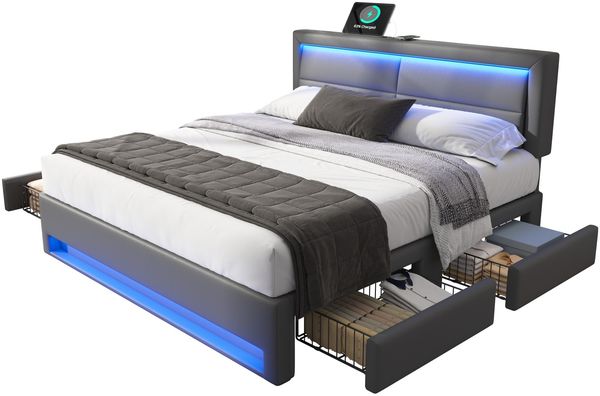 Polsterbett 140x190cm, USB, kabellos, LED, 4 Schubladen, PU-Litschi, Grau Bild 5