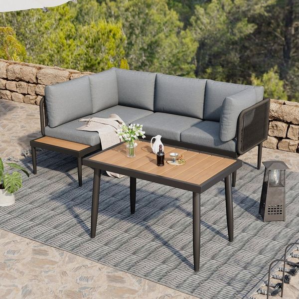 MODFU Gartenlounge-Set Outdoor-Möbelset, (Garten-Lounge-Set, Gartenmöbel-Set, Outdoor-Sofa-Set, Balkonset, 3-tlg, Ecksofa + Esstisch, Ecke), verzinktes Stahlrohr, Tischplatte Kunststoff Holz