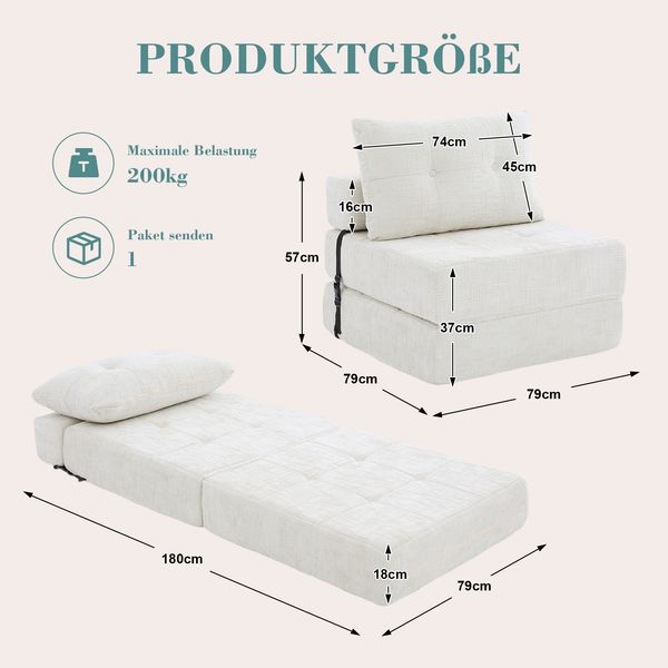 Klappsofa Bett mit Kopf- & Lendenkissen, multifunktionales Schlafsofa, 2-in-1 Faltsofa mit hochdichtem Schaumstoff,Beige Bild 10