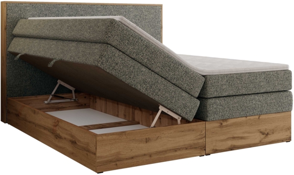 Boxspringbett, Set mit zwei Multipocket-Matratze und Topper, hohe Kopfteil, Eiche Wotan Holzrahmen - WOOD CLASSIC KING - 180 x 200 cm - Grau Struktur - H4 Bild 5