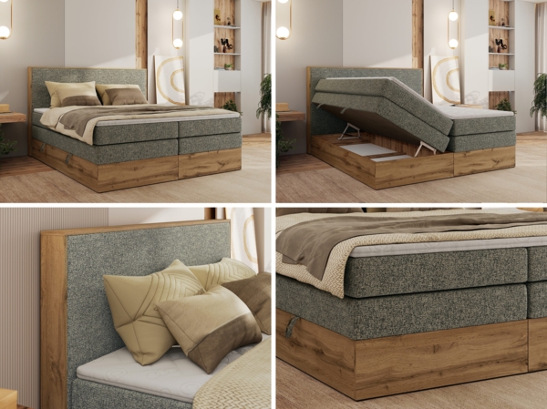 Boxspringbett, Set mit zwei Multipocket-Matratze und Topper, hohe Kopfteil, Eiche Wotan Holzrahmen - WOOD CLASSIC KING - 180 x 200 cm - Grau Struktur - H4 Bild 2