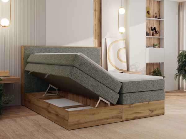 Boxspringbett, Set mit zwei Multipocket-Matratze und Topper, hohe Kopfteil, Eiche Wotan Holzrahmen - WOOD CLASSIC KING - 180 x 200 cm - Grau Struktur - H4 Bild 4