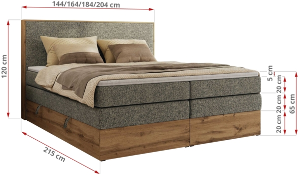Boxspringbett, Set mit zwei Multipocket-Matratze und Topper, hohe Kopfteil, Eiche Wotan Holzrahmen - WOOD CLASSIC KING - 180 x 200 cm - Grau Struktur - H4 Bild 6