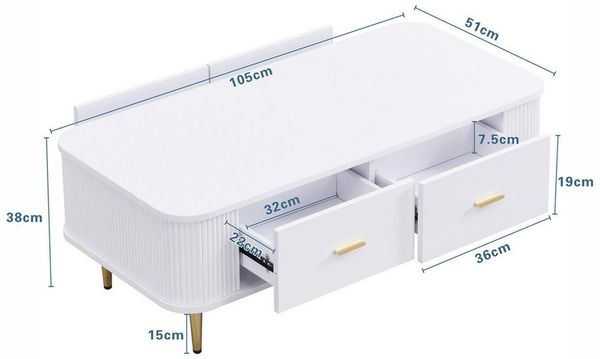 IDEASY Couchtisch Eleganter Runder Eck-Couchtisch, Wohnzimmertisch mit Wellen-Seiten, 4 Schubladen, goldene Griffe und Beine, 105×51×38 cm, Tragkraft 50 kg