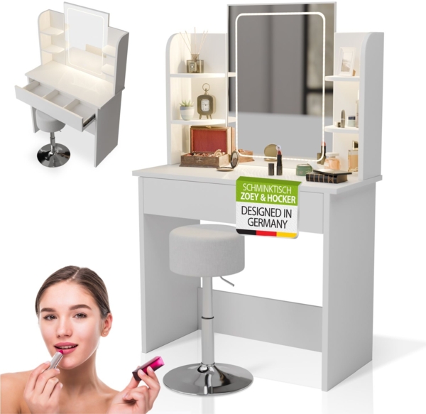 Juskys Schminktisch Zoey & Hocker Tonia mit Touch-LED-Spiegel, Kosmetiktisch mit Schublade, viel Stauraum, pflegeleichte Melamin-Oberfläche – Weiß