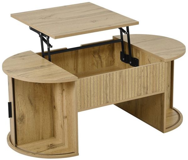 KLAM HOME Couchtisch Höhenverstellbarer Couchtisch Eiche Optik (Multifunktional mit Stauraum & Schiebetüren), Ideal für Wohnzimmer, Homeoffice & kleine Wohnungen