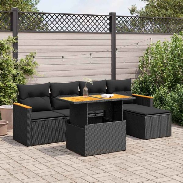 vidaXL 6-tlg. Garten-Sofagarnitur mit Kissen Schwarz Poly Rattan 3327471