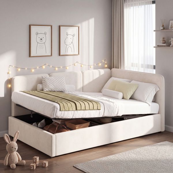 Merax Daybett 90x200 cm mit hydraulischem Stauraum, Polsterbett, Tagesbett, Links und rechts tauschen, Samt, beige