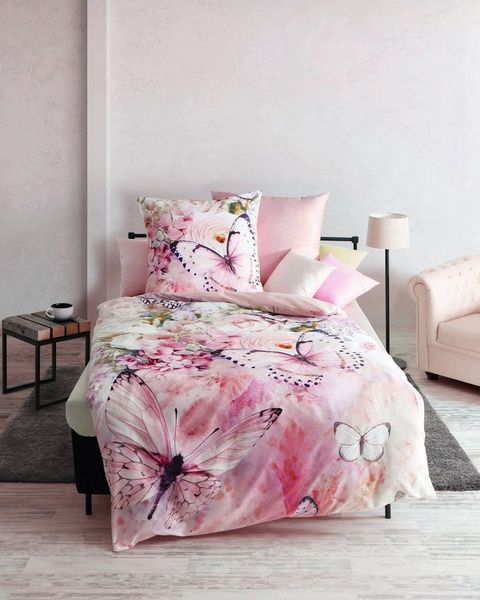JACK Wendebettwäsche 135x200cm Butterfly Dreams Rosé, Satin, 2 teilig, hochwertiger Digitaldruck mit elegantem Schmetterlingsmotiv, Baumwolle