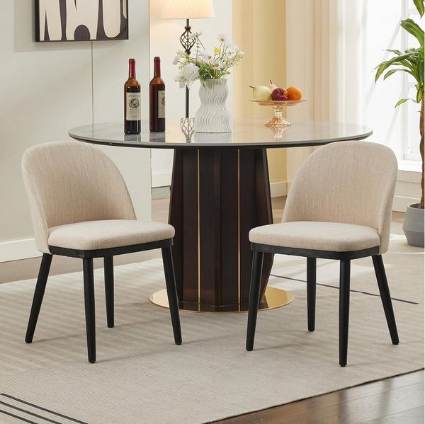 GarveeMore Esszimmerstuhl 2er-Set,moderne Küchenstühle aus Stoff mit Gepolsterte und Holzbeinen, Esszimmerstühle mit geschwungener Rückenlehne für Restaurants/Cafés