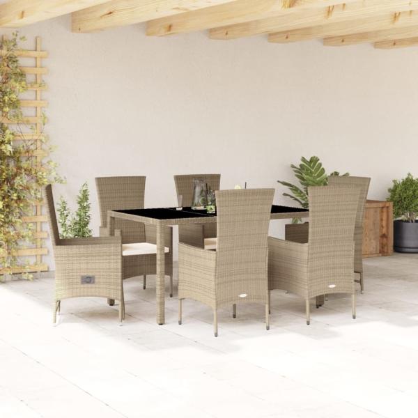 vidaXL 7-tlg. Garten-Essgruppe mit Kissen Beige Poly Rattan 3277578