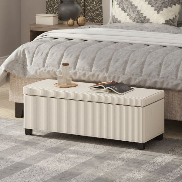 HOMCOM Sitzbank Ottomane mit Stauraum (Fußhocker aus Cord mit abnehmbarem Deckel, Beinen, 1-St, Aufbewahrungstruhe für Wohnzimmer, Schlafzimmer), 112 x 42 x 40 cm, Beige