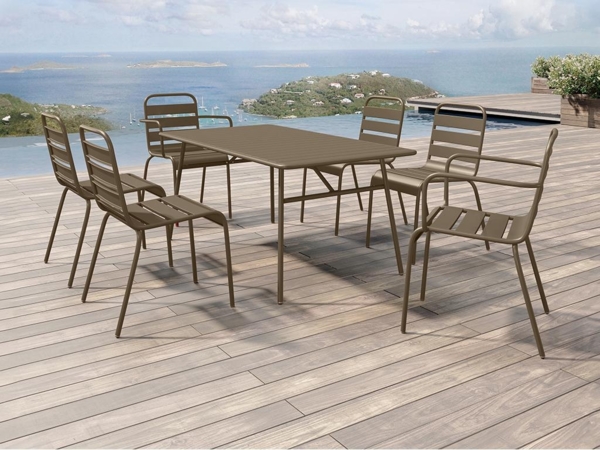 Vente-unique - Garten-Essgruppe: Tisch L. 160 cm + 2 stapelbare Sessel + 4 stapelbare Stühle - Metall - Taupe - MIRMANDE von MYLIA