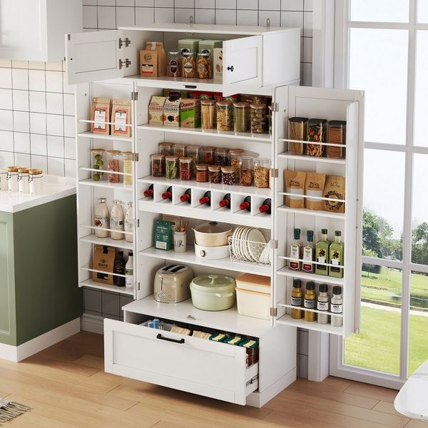 OKWISH Sideboard Modernes Küchenschrank (Freistehender Küchenaufbewahrungsschrank, mit verstellbaren Einlegeböden, Schubladen, Weinregal & Türen, 1 St, 80×40×180cm), ideal für Küche & Wohnzimmer