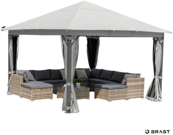 BRAST 'Infinity' Pavillon inkl. Moskitonetz und LED-Beleuchtung, wasserdicht, stabil, UV-Schutz, Aluminium, Hellgrau, 4x4 m, mit Beleuchtung