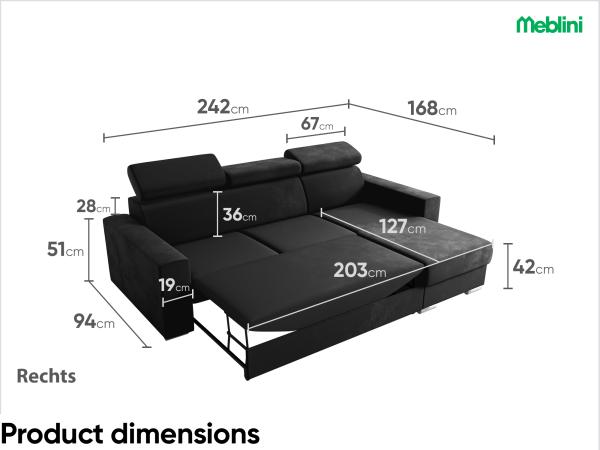 Meblini 'Voss' Schlafcouch mit Bettkasten, Samtstoff, 242 x 168 x 79 cm, Dunkelgrau, Rechts Bild 7