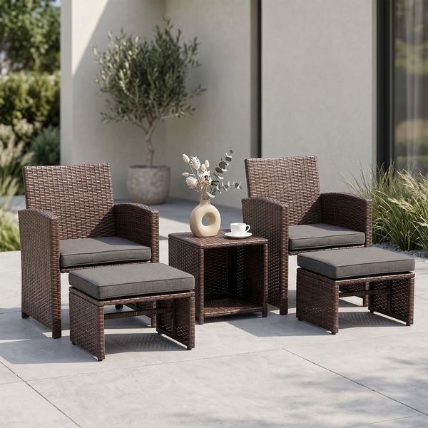 Sunsitt Balkonset 5-tlg Garten Unterhaltung Set, (Balkon Möbel Set mit Kissen, brauner Rattan-Sessel mit Hocker&Couchtisch), für Garten, Hinterhof und Veranda (Dunkelgrau)