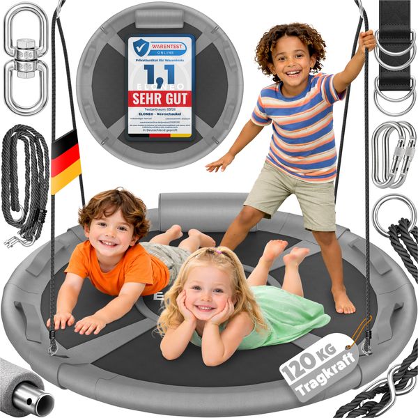 ELONEO Nestschaukel Outdoor & Indoor mit 90 oder 120 cm Durchmesser, Tellerschaukel, höhenverstellbare Hängeschaukel inkl. Kissen, Griffen und Zubehör-Set, Grau - 120cm