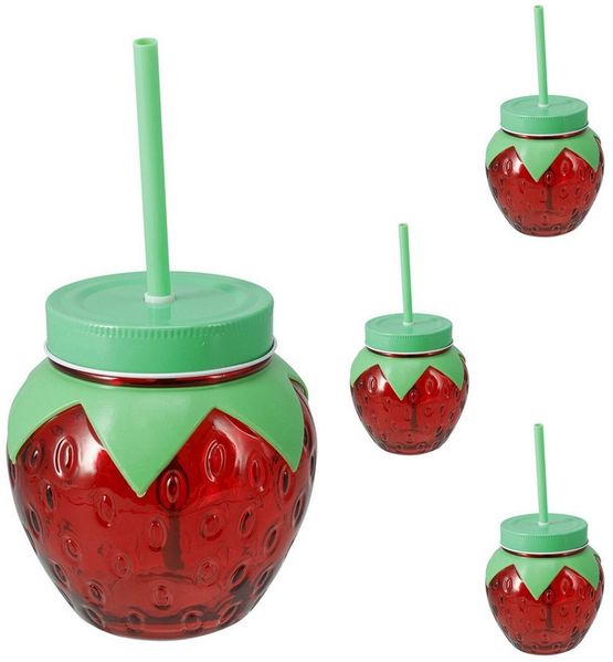 4er Trinkglas Wasserglas Saftglas Strohhalm Deckel Erdbeere 480ml