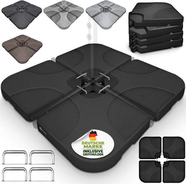 tillvex® Sonnenschirmständer Schwarz 60 Liter / 80 kg – 4-teilig für Ampelschirm inkl. Metallverbinder | Schirmgewicht befüllbar mit Wasser oder Sand | Schirmständer Ampelschirmständer wetterfest