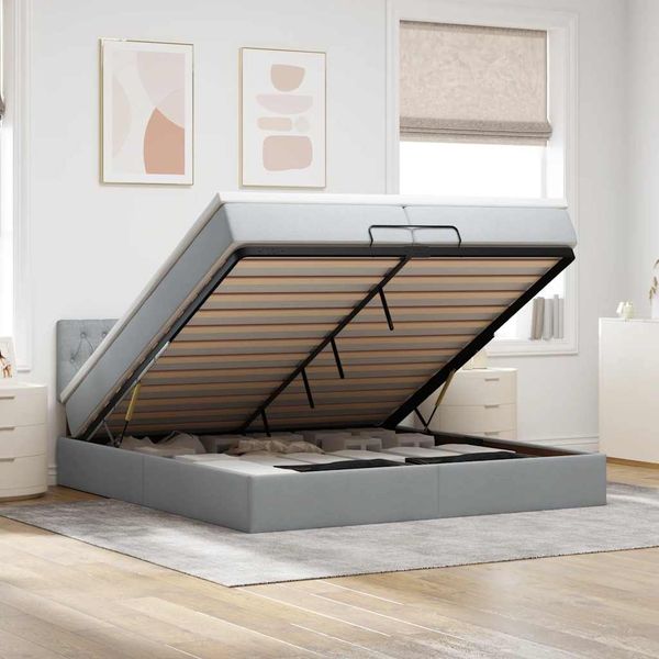 vidaXL Ottoman-Bett mit Matratzen & LEDs Hellgrau 200x200 cm Stoff 3312416