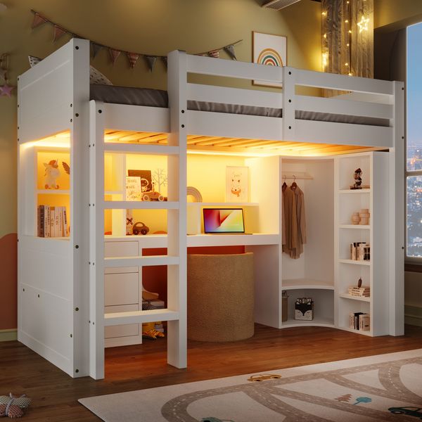 Hochbett Kinderbett 90x200 Weiß mit LED Beleuchtung Schreibtisch Kleiderschrank Schubladen Stauraum