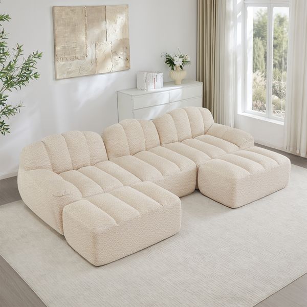Sofa modular in U- oder L-Form, Beige White, Granular Fleece, tiefe Sitzfläche, 3-Sitzer mit Ottomane,79x288x165 cm