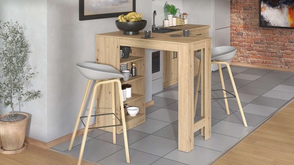 Home affaire Bartisch Valence, 120x50x150 cm, Küchentisch, Bartresen, Stehtisch, Bartheke, mit 4 Regalfächern, Eiche-Optik oder Weiß, Stilvoll und zeitloser