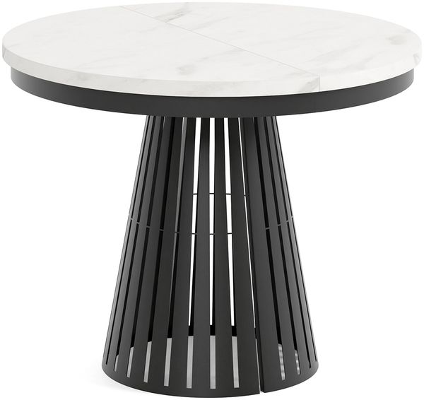 MEBLINI Esstisch Rund Ausziehbar aus Metall - 100-176x76 cm - CONEY - Weiß Marmor/Schwarz Matt - Loft - Esszimmertisch Modern - Küchentisch - Ausziehtisch - Round Dining Table
