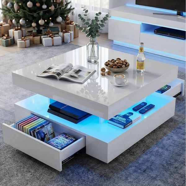 oyajia Couchtisch Wohnzimmertisch Hochglanz mit LED Beleuchtung & Fernsteuerung (Bluetooth-Fernbedienung. App-Steuerung, offenen Fächern,stabil, pflegeleicht, Hochglanz-Design, 1-St, 78 x 78 x 42cm Beistelltisch), mit 2 Schubladen,Farbwechsel-LEDs