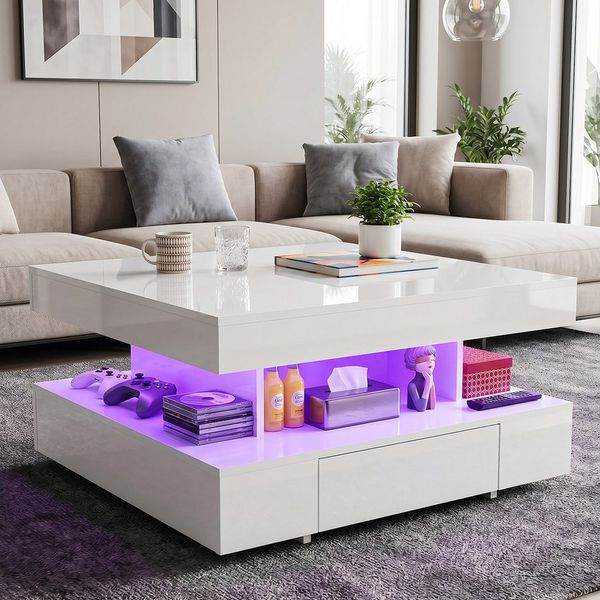 oyajia Couchtisch Wohnzimmertisch Hochglanz mit LED Beleuchtung & Fernsteuerung (Bluetooth-Fernbedienung. App-Steuerung, offenen Fächern,stabil, pflegeleicht, Hochglanz-Design, 1-St, 78 x 78 x 42cm Beistelltisch), mit 2 Schubladen,Farbwechsel-LEDs