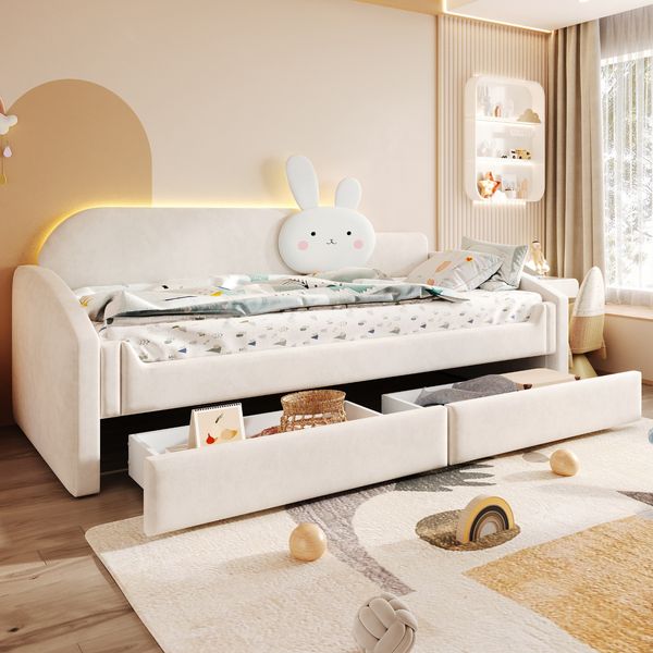 Merax Daybett Rückenlehne mit Hasenkissen, Polsterbett Kinderbett 90x200cm mit 2 Schubladen und LED-Beleuchtung, Beige